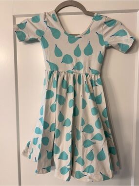 Alice & Ames White Kids Dress with Teal Pear Print